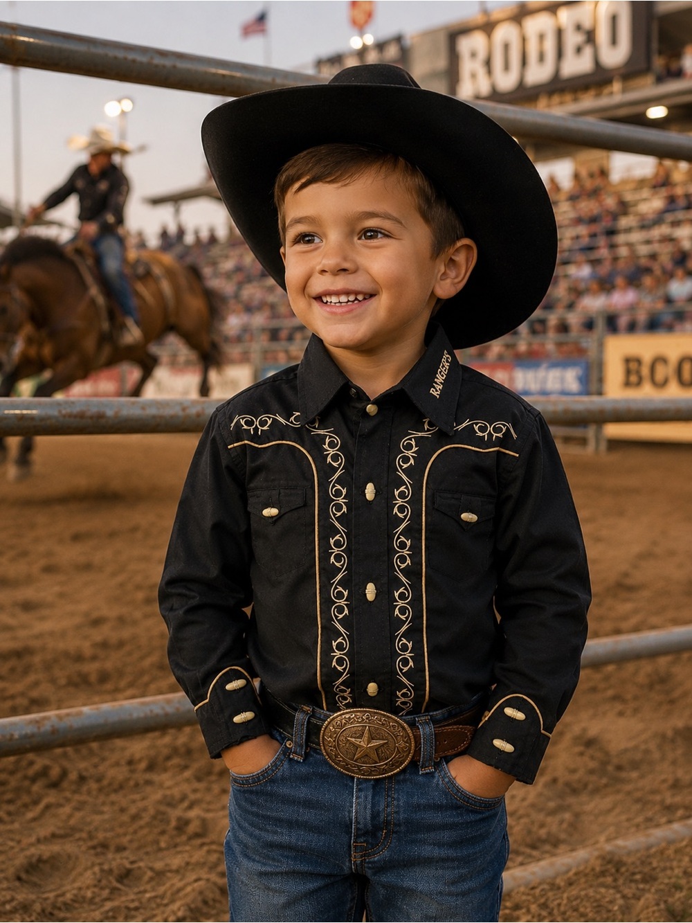 Rangers Black Boys' Embroidered Western Button-Down Shirt